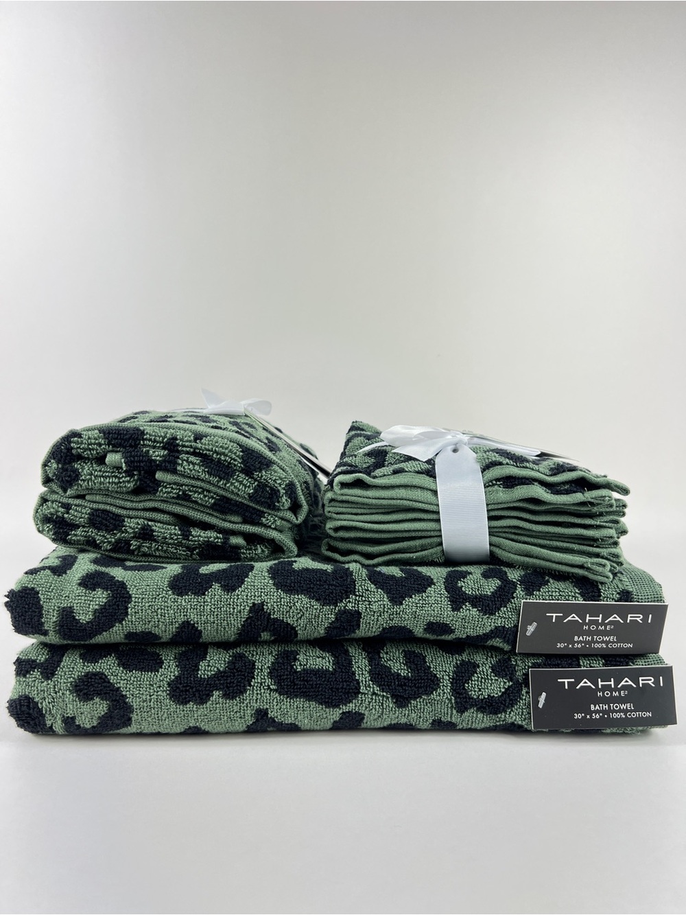 Tahari Home Bath Towel Set Green Black Leopard Print Soft 100% Cotton 8 Pc NEW